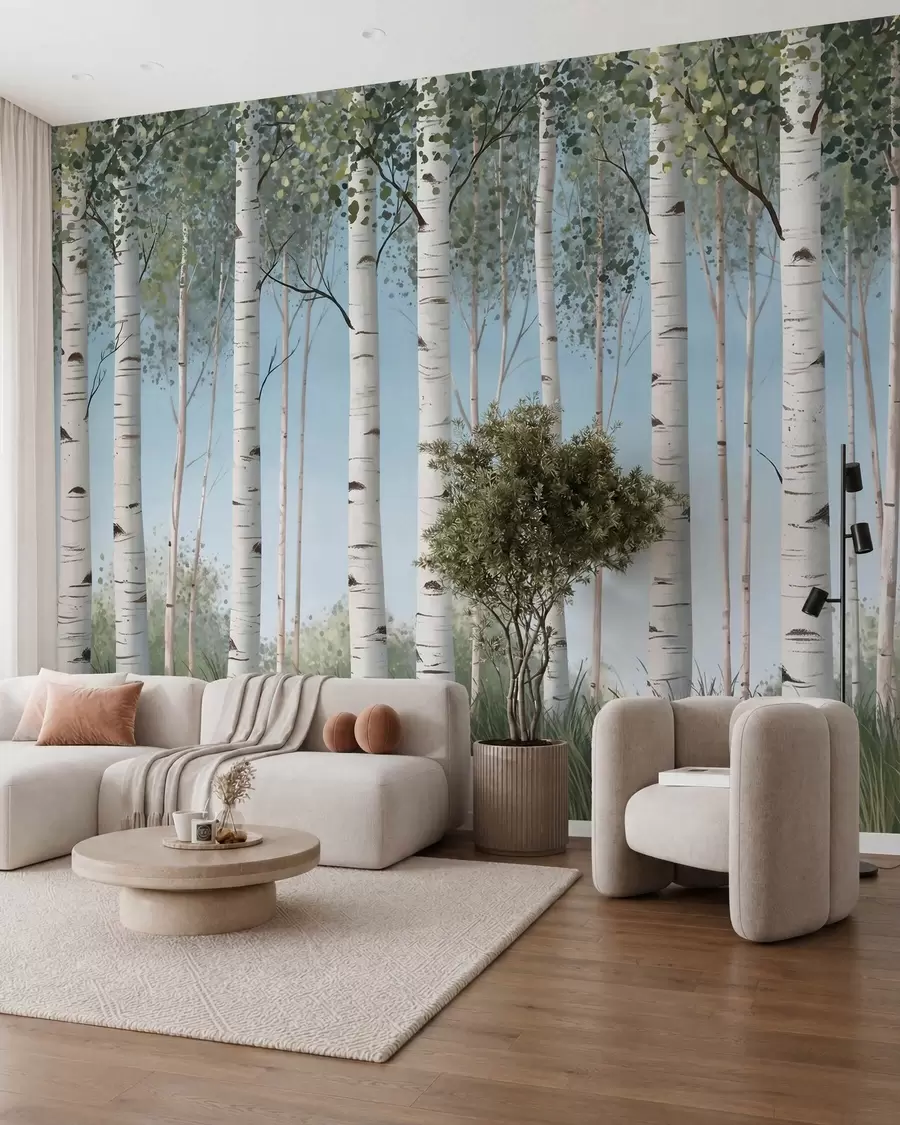 murales de pared Bosquecillo de abedules con troncos blancos recortados contra un cielo azul, al estilo de la acuarela w10047