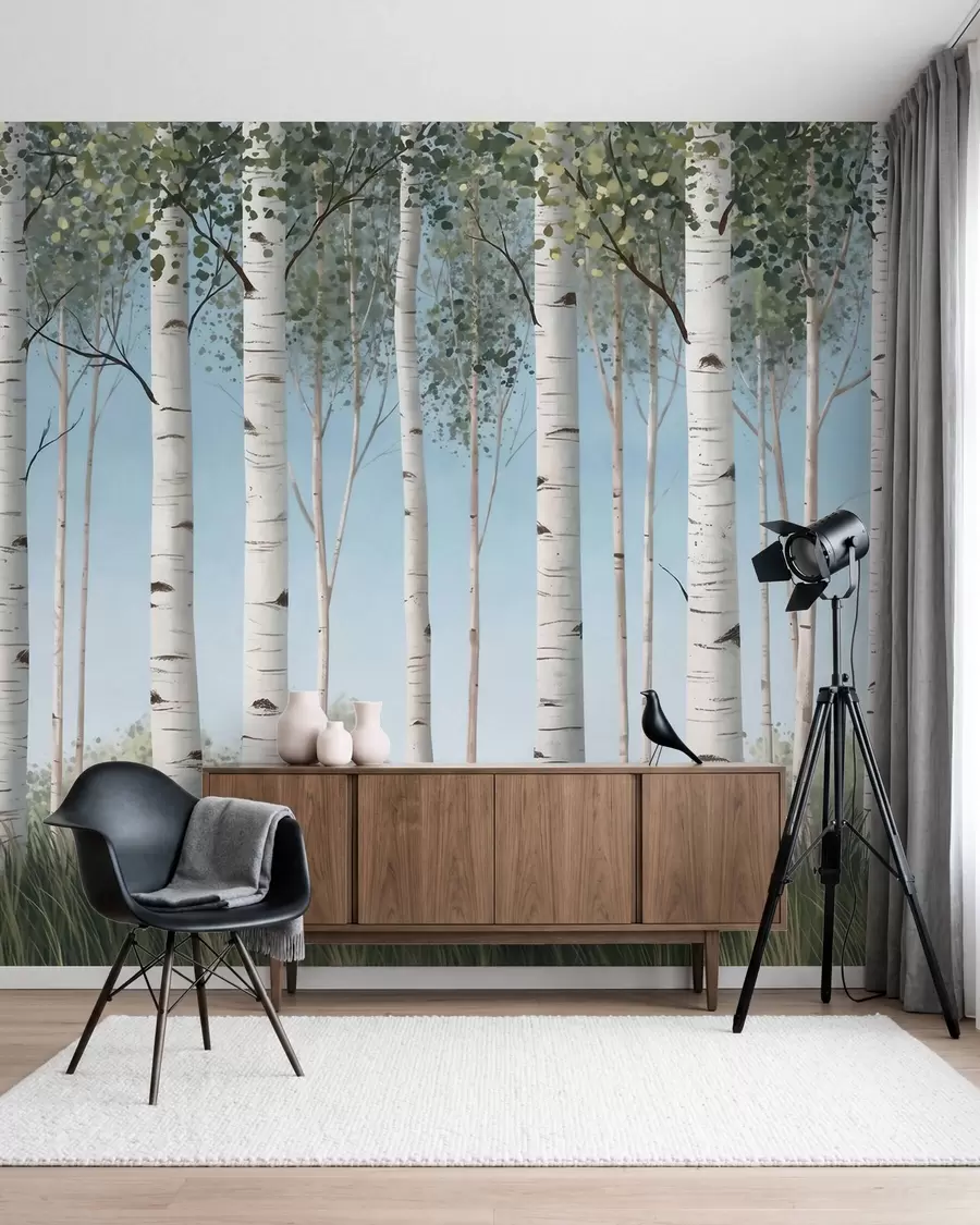 murales de pared Bosquecillo de abedules con troncos blancos recortados contra un cielo azul, al estilo de la acuarela w10047