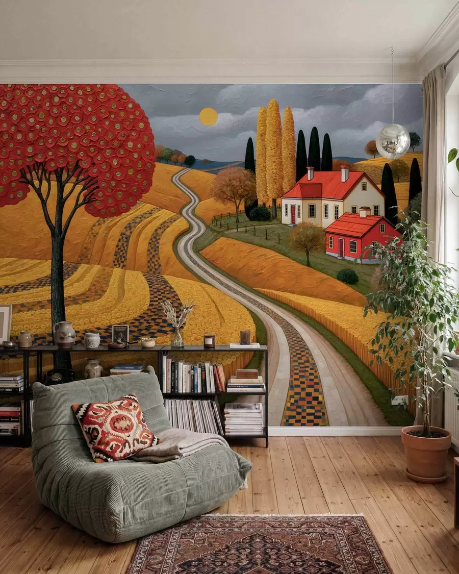 murales de pared Imitación de un pintoresco paisaje toscano pintado al óleo, con un árbol rojo, un camino sinuoso y una casa de campo w10049