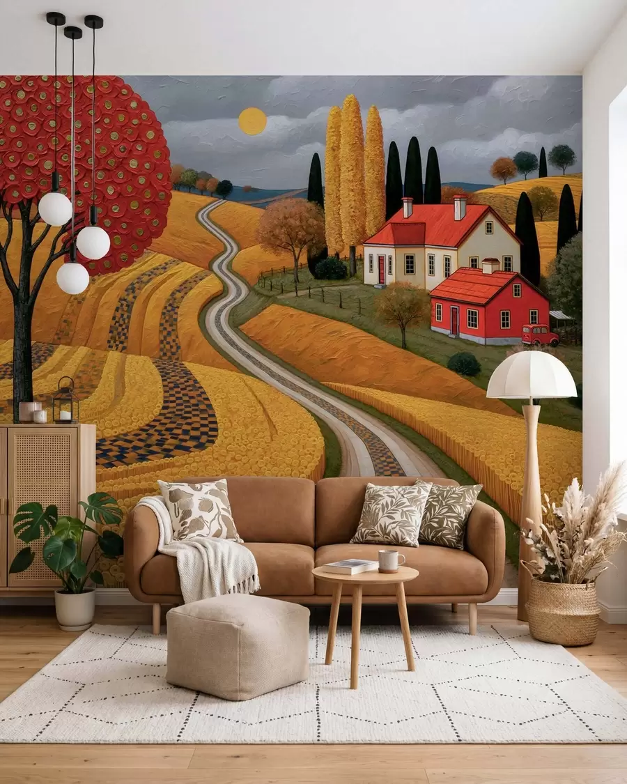 murales de pared Imitación de un pintoresco paisaje toscano pintado al óleo, con un árbol rojo, un camino sinuoso y una casa de campo w10049