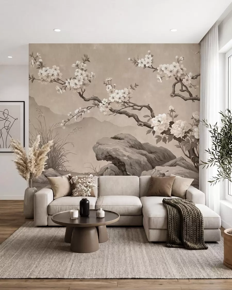 murales de pared Rama de cerezo en flor sobre rocas en tonos beige claro, al estilo de la pintura oriental w10052