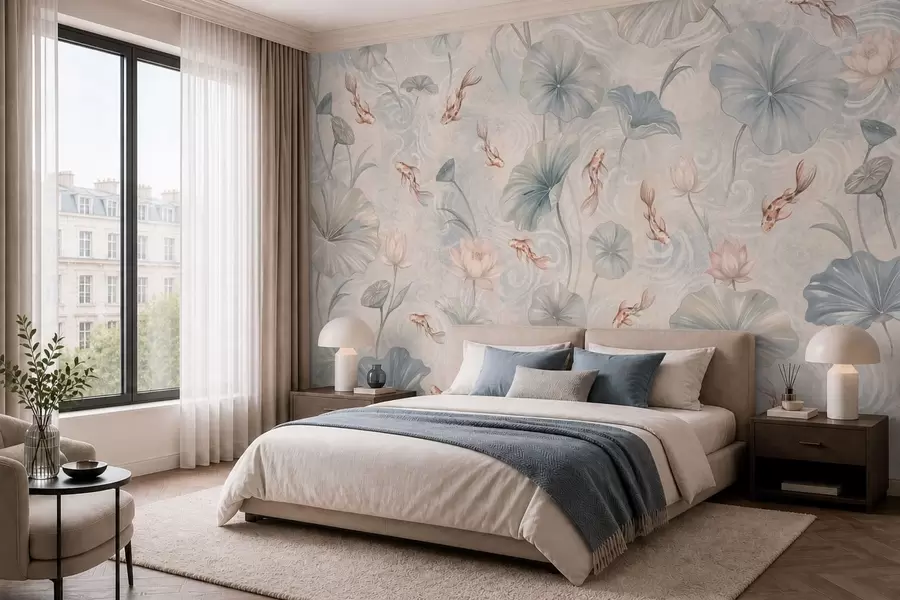 murales de pared Peces koi entre hojas y flores rosas sobre un fondo claro w05807