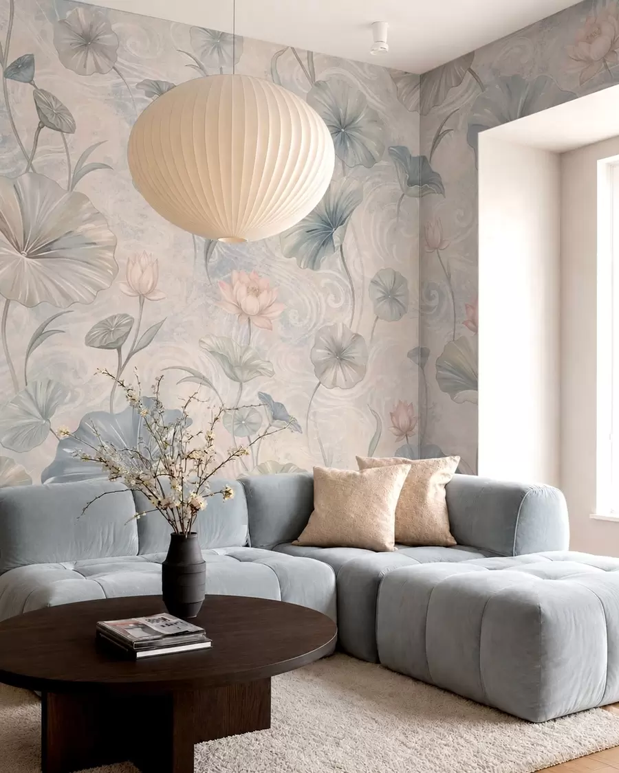 murales de pared Hojas grandes y flores rosas sobre un fondo claro w05808