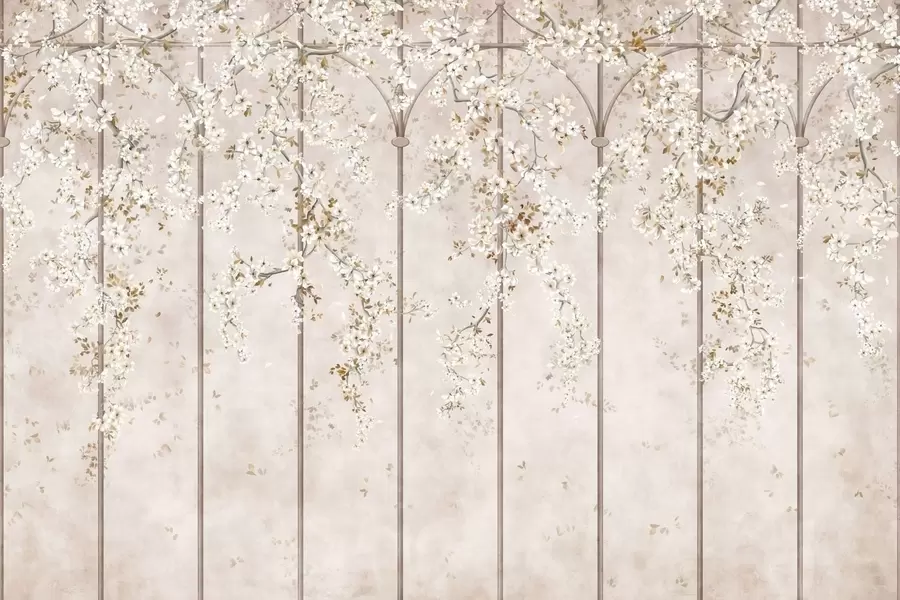 murales de pared Ramas blancas en flor sobre un enrejado decorativo w05923