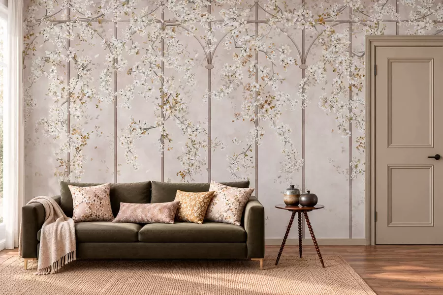 murales de pared Ramas blancas en flor sobre un enrejado decorativo w05923