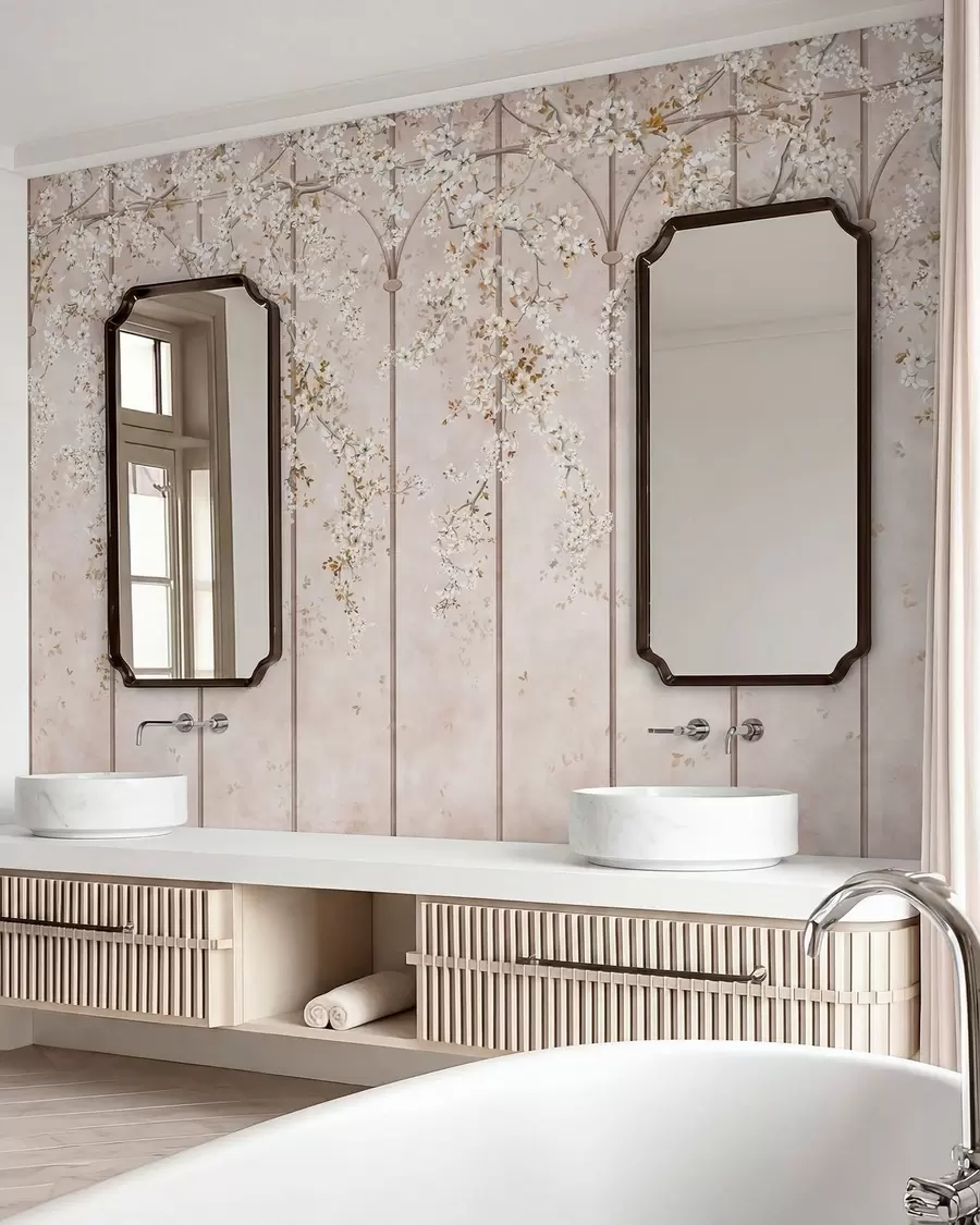 murales de pared Ramas blancas en flor sobre un enrejado decorativo w05923