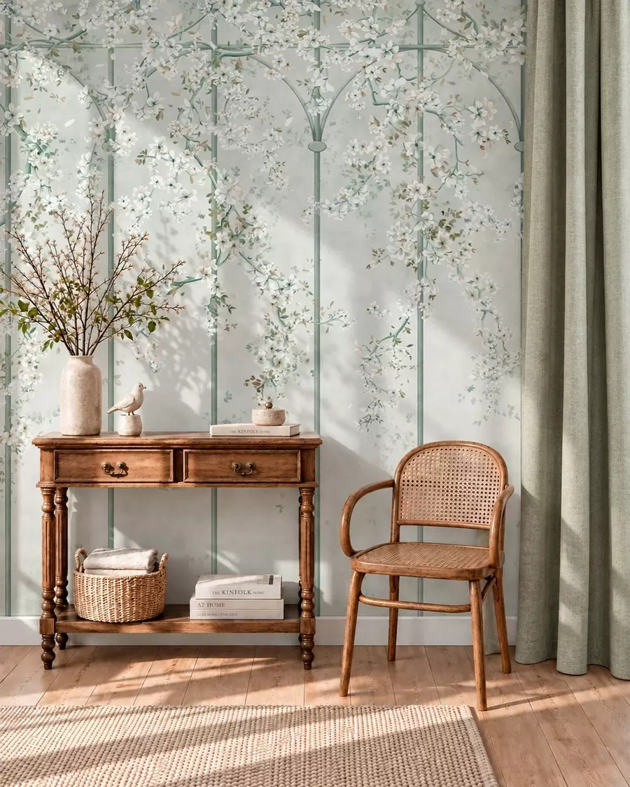 murales de pared Ramas con flores blancas sobre un enrejado decorativo verde w05923v2