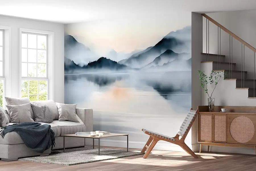 murales de pared Un lago con un telón de fondo de montañas envueltas en niebla, en estilo acuarela w10078