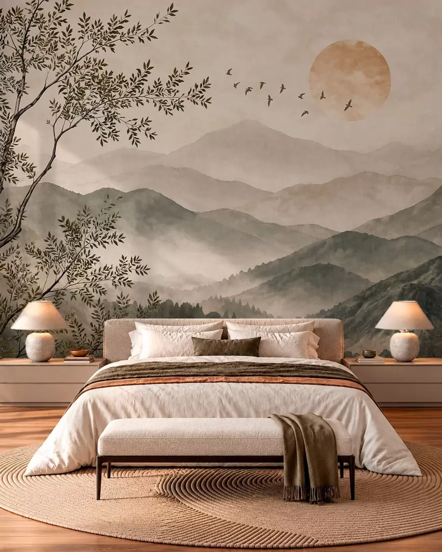 murales de pared Cordilleras con un árbol, pájaros y el sol w05924v3