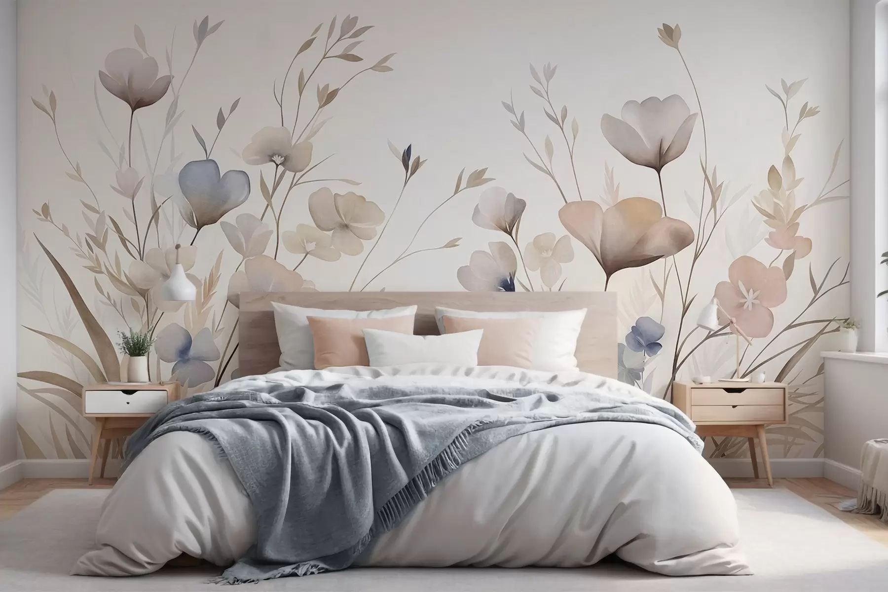 murales de pared Delicadas flores silvestres en tonos pastel de azul, rosa y beige, con hierba alta w10065