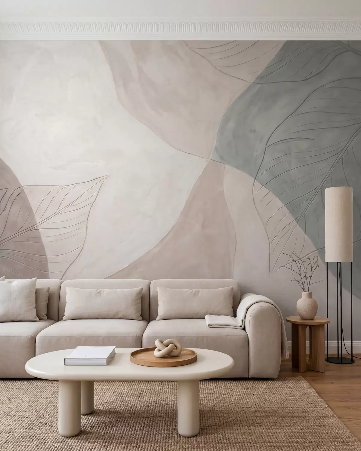 murales de pared Composición botánica abstracta con hojas grandes y formas orgánicas en tonos beige, crema y verde w10070