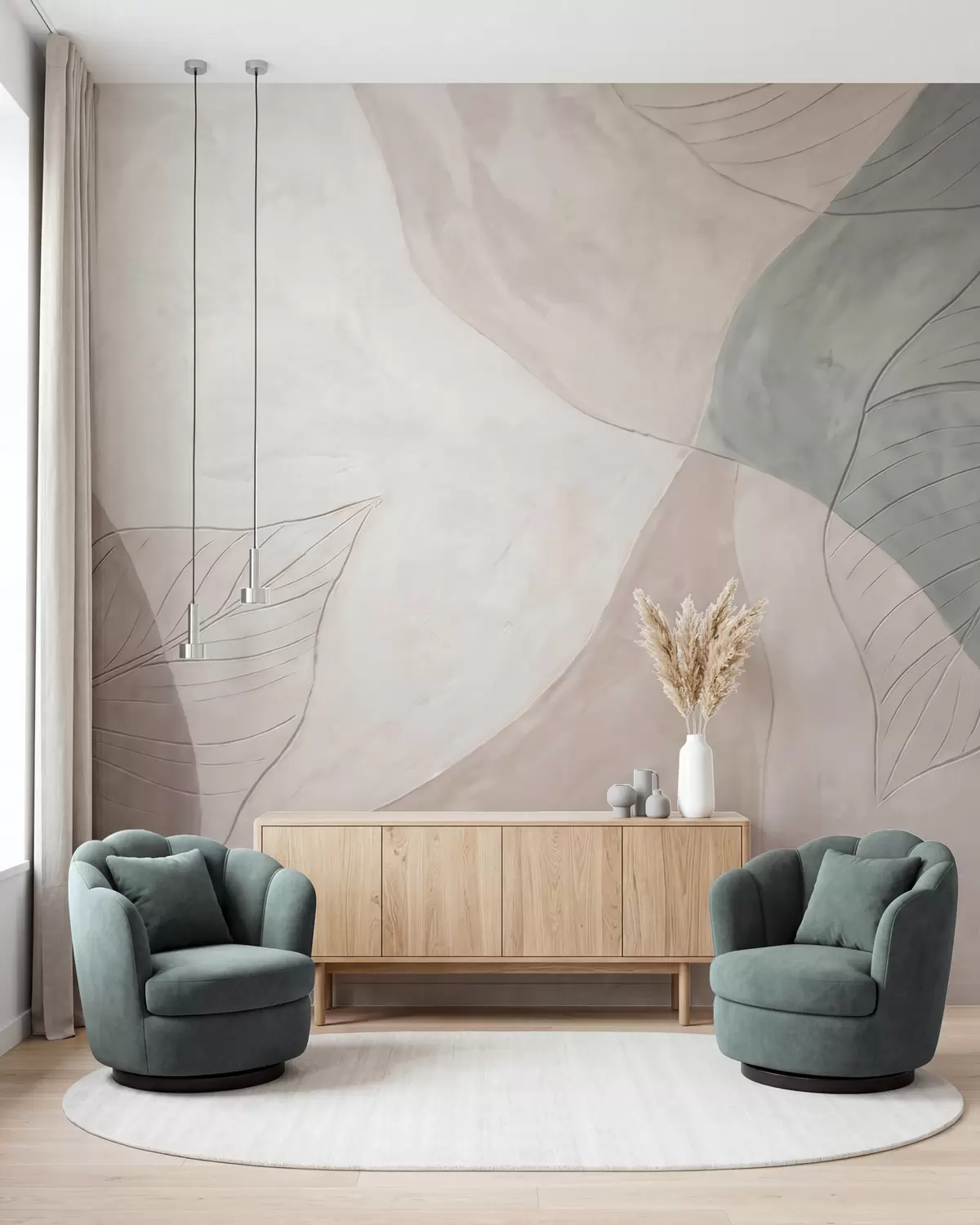 murales de pared Composición botánica abstracta con hojas grandes y formas orgánicas en tonos beige, crema y verde w10070