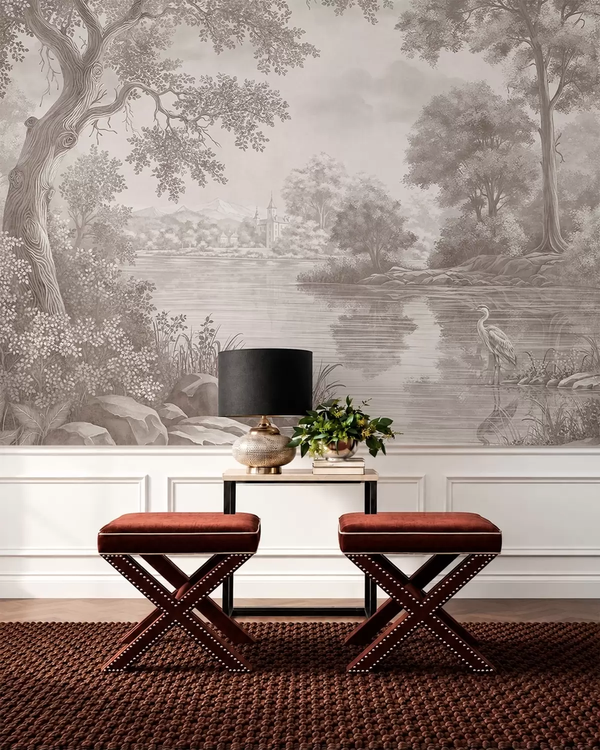 murales de pared Paisaje forestal monocromo con un lago y una garza w05805
