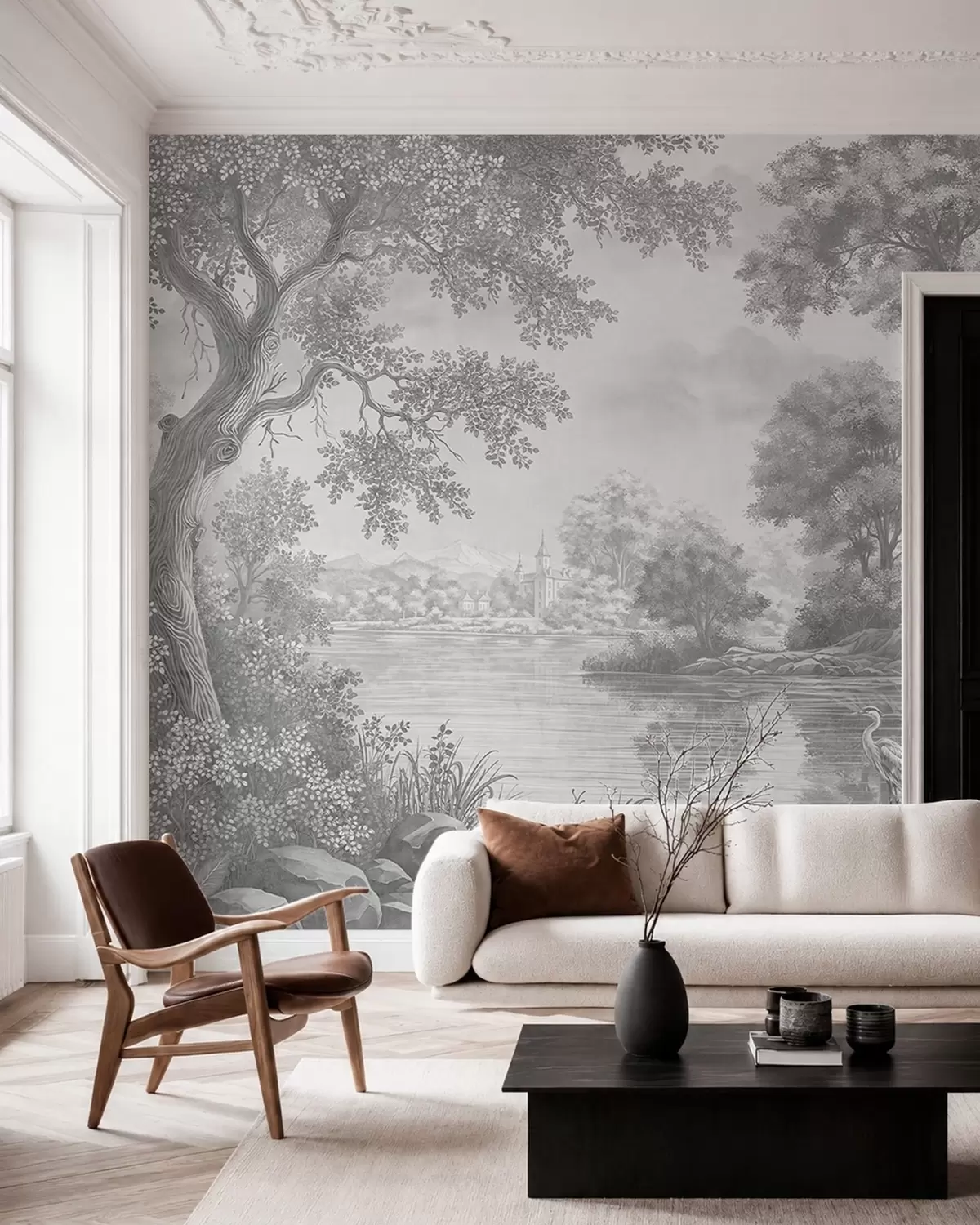 murales de pared Paisaje forestal gris con una garza junto al lago w05805v1