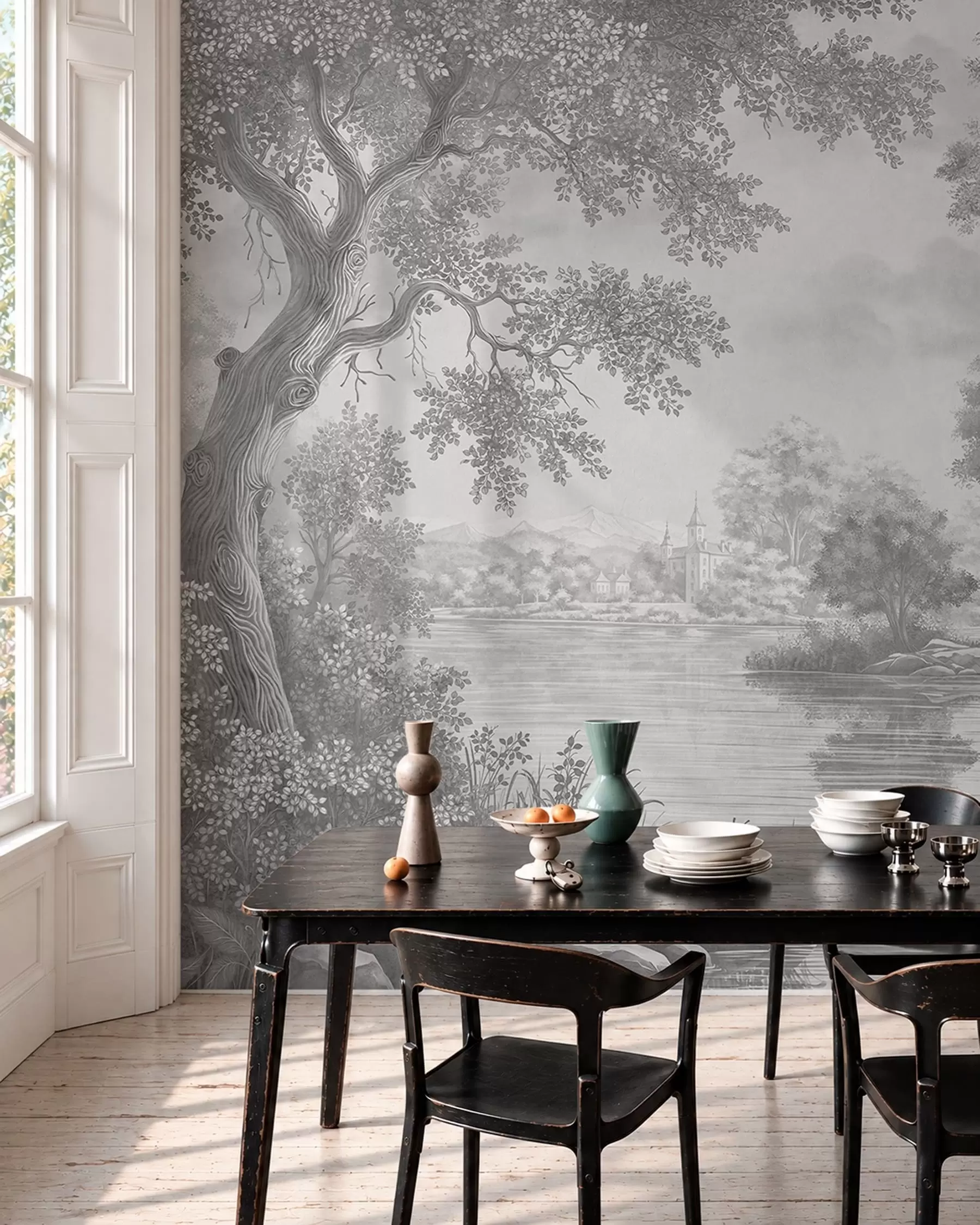 murales de pared Paisaje forestal gris con una garza junto al lago w05805v1