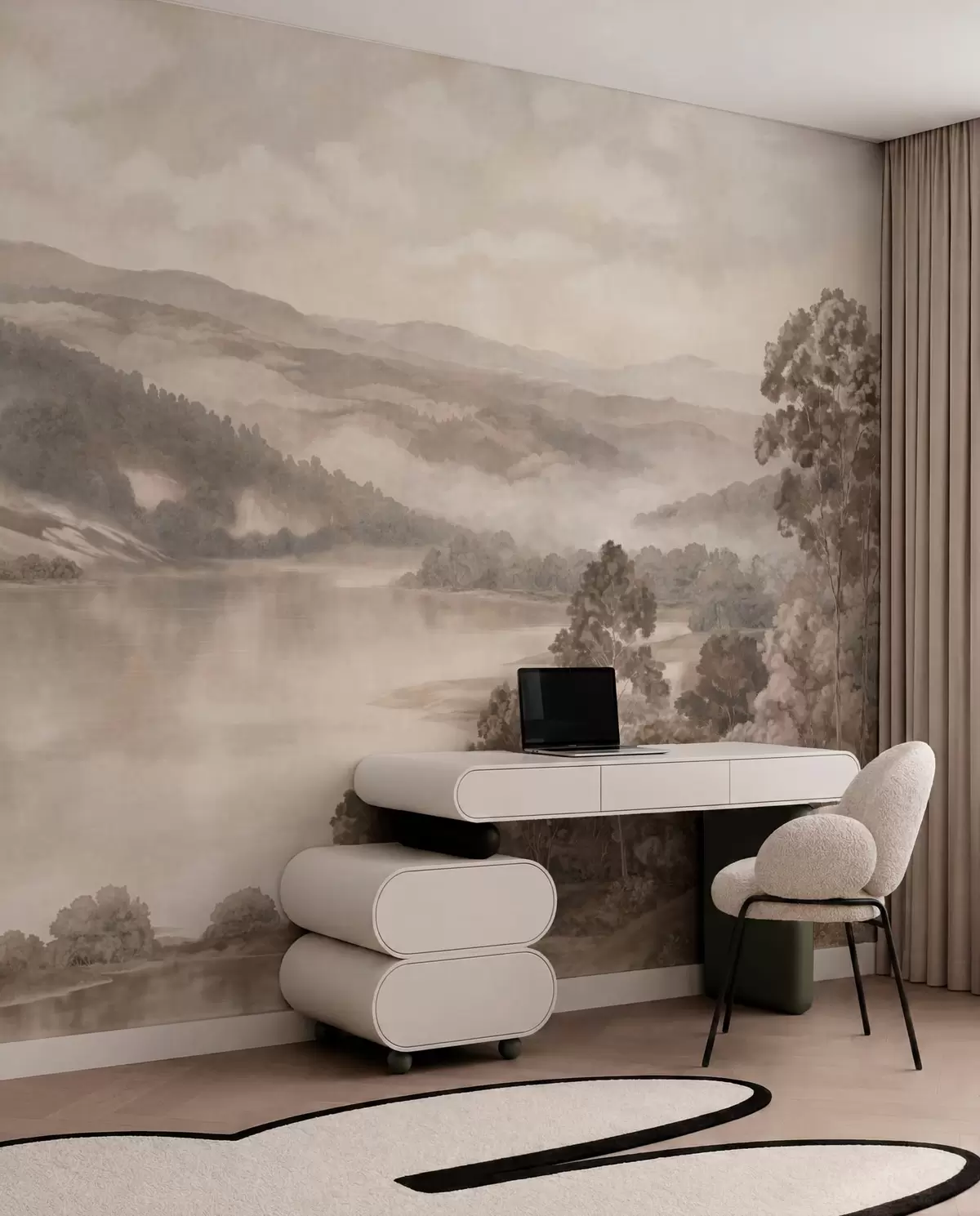 murales de pared Un lago tranquilo entre colinas y bosques envueltos en niebla w05928