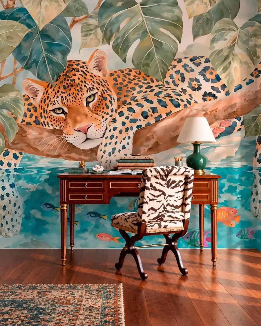 murales de pared Leopardo sobre agua azul w05954