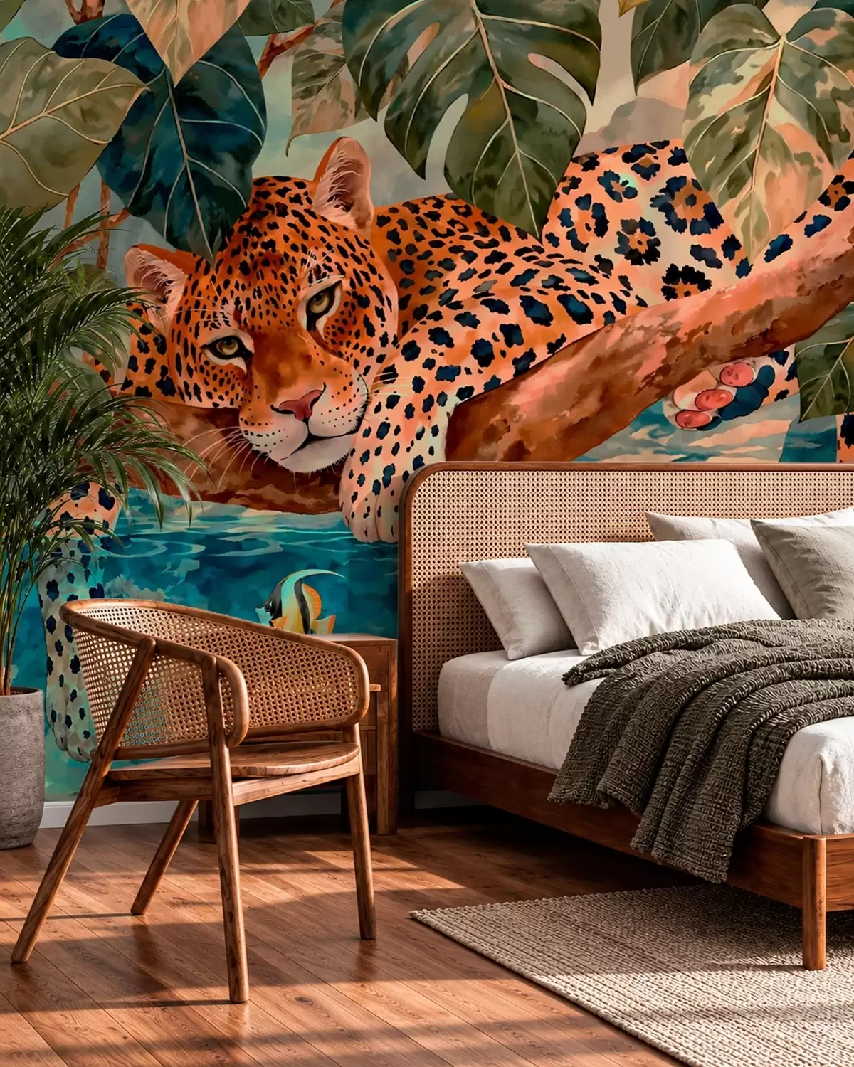 murales de pared Un leopardo entre hojas tropicales sobre el agua, junto a unos peces w05954v1