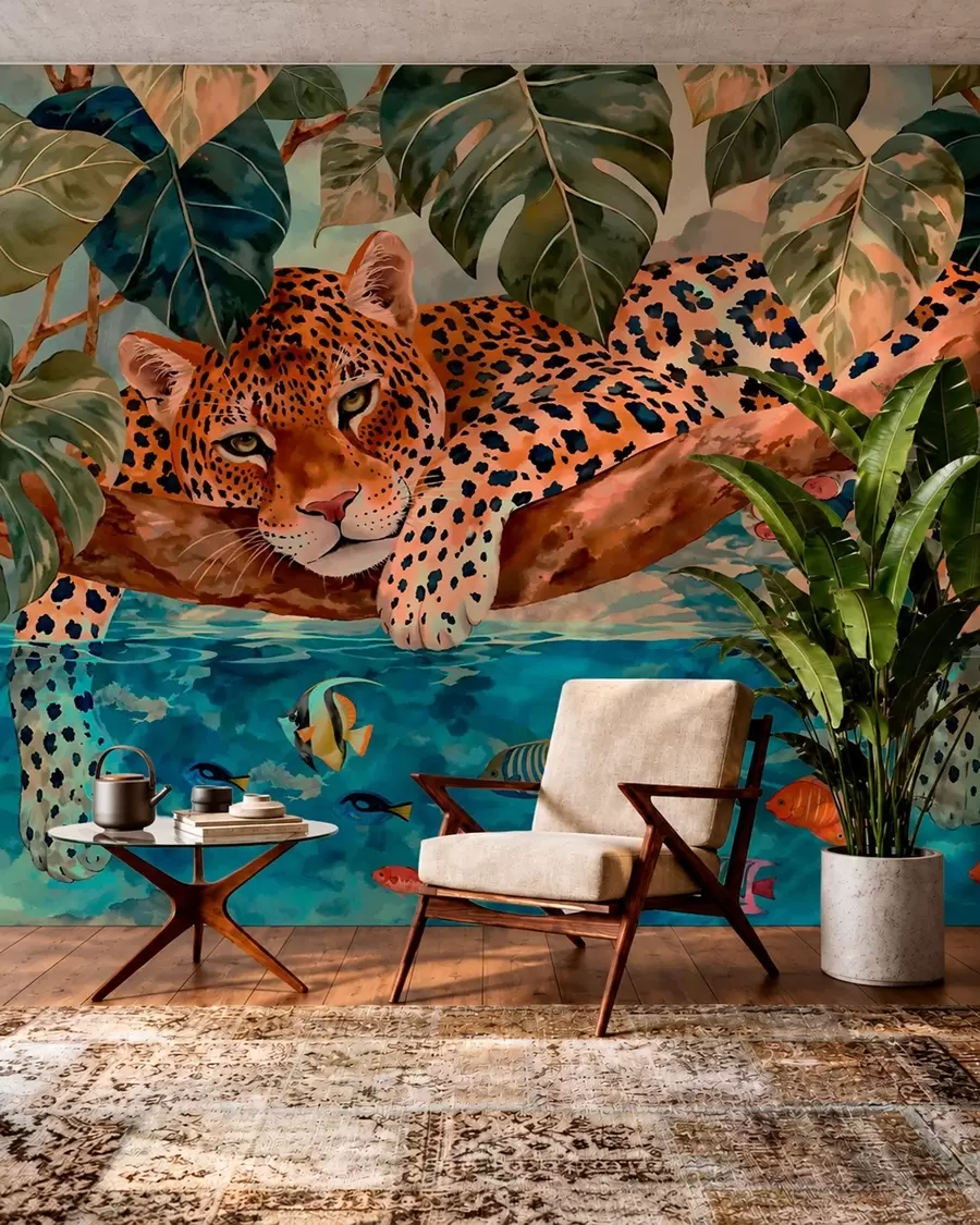 murales de pared Un leopardo entre hojas tropicales sobre el agua, junto a unos peces w05954v1