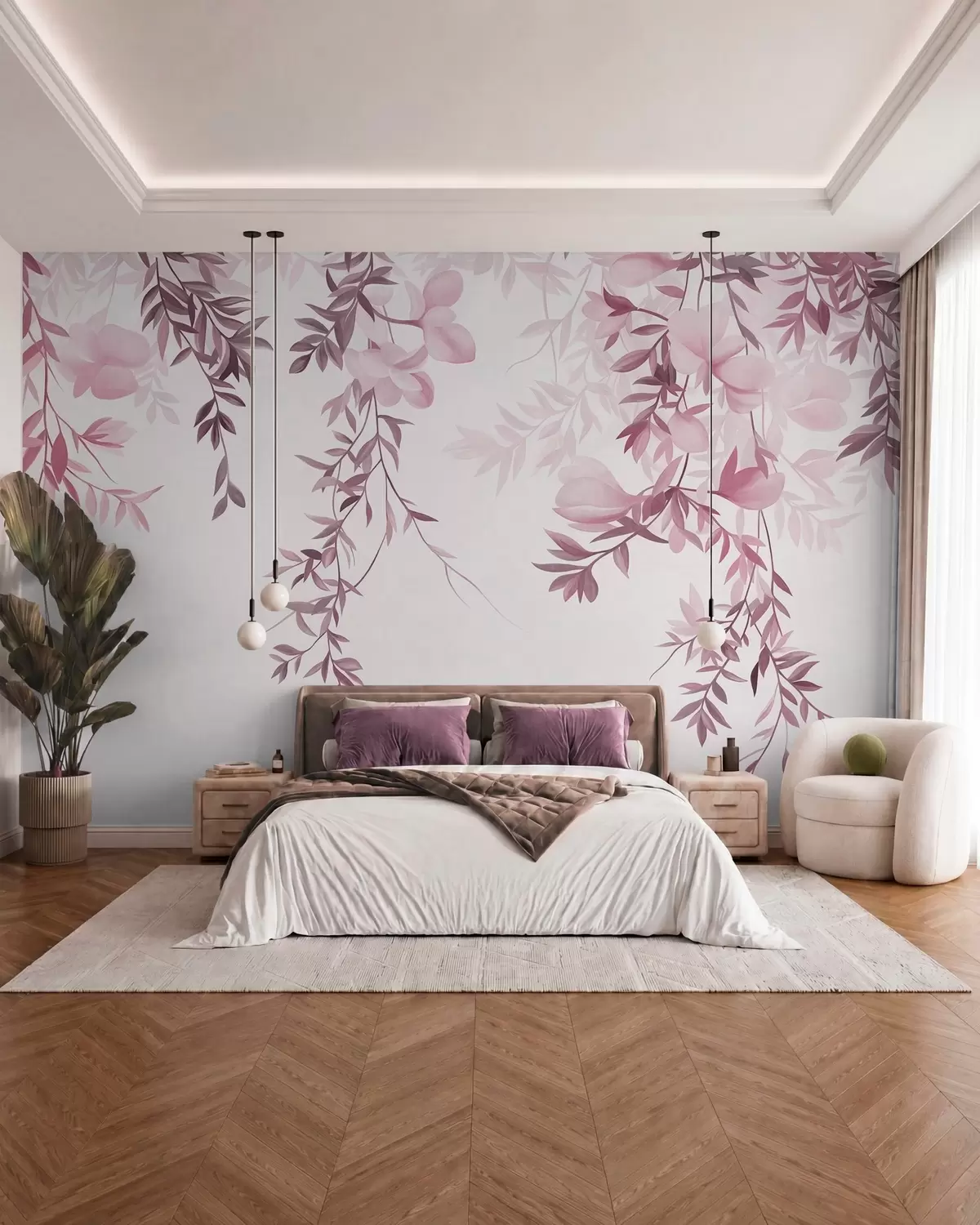 murales de pared Ramas de sauce colgantes y delicadas flores en tonos rosas apagados w10081v1