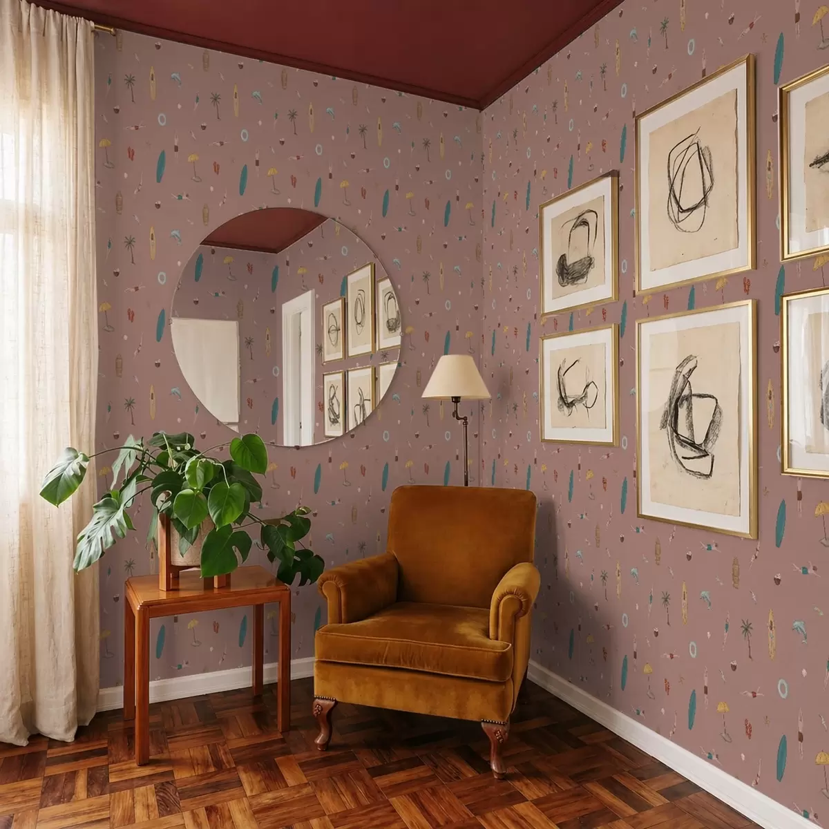Papel pintado Nadadores, delfines y motivos tropicales sobre un fondo rosa a01275v1