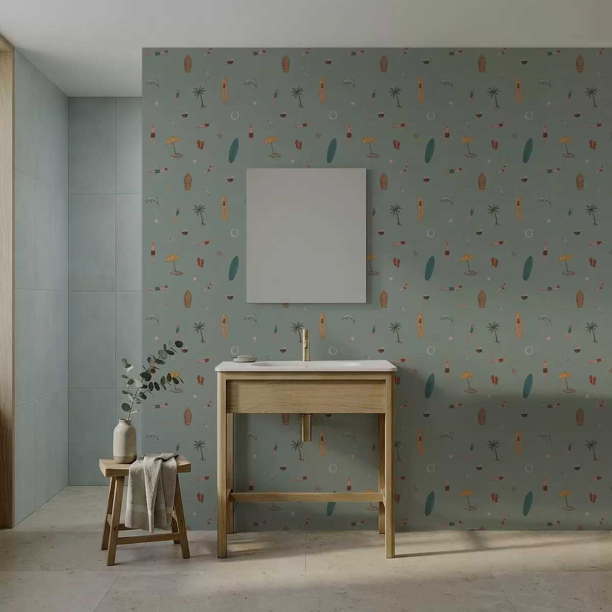 Papel pintado Nadadores, delfines y accesorios de playa sobre un fondo verde a01275v2