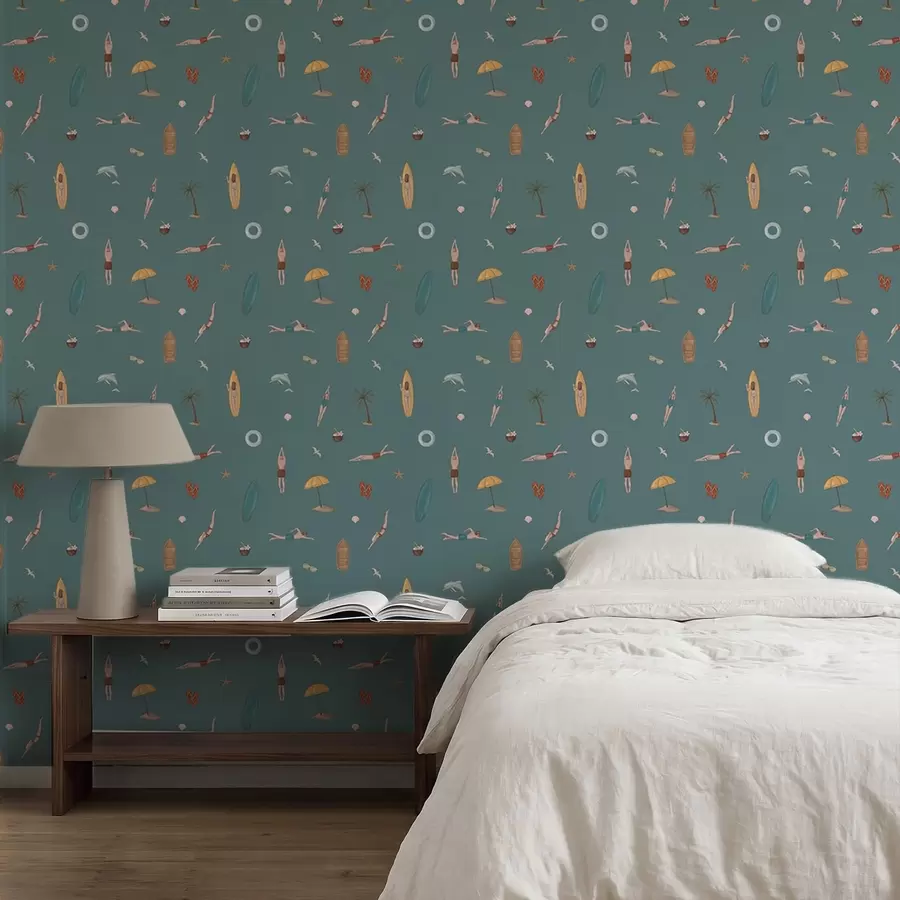 murales de pared Nadadores, delfines y motivos tropicales sobre un fondo verde azulado oscuro a01275v3
