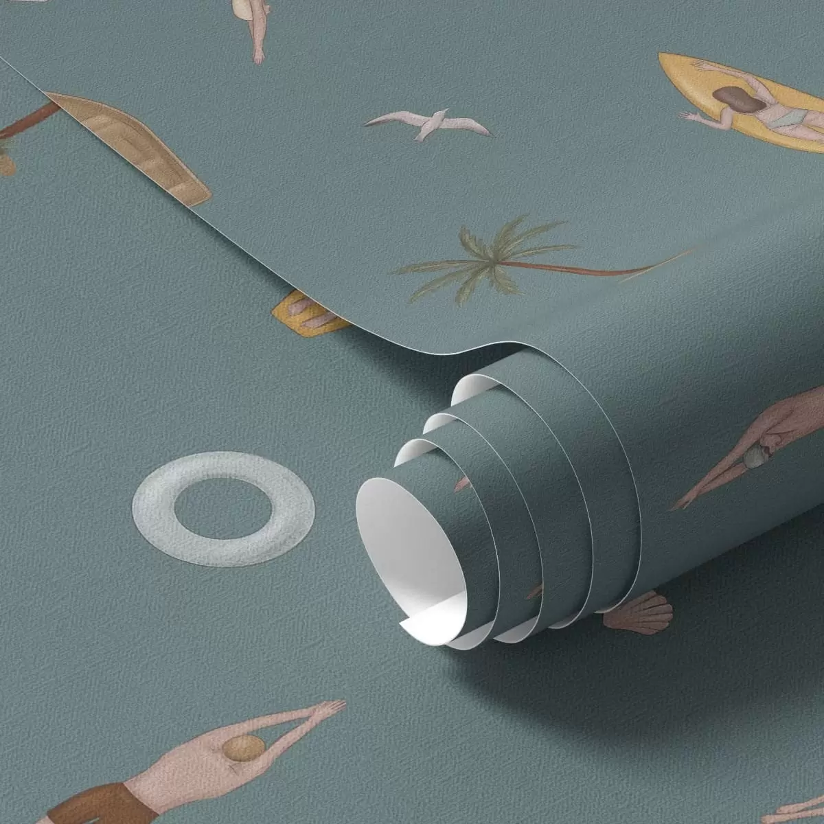 Papel pintado Nadadores, delfines y motivos tropicales sobre un fondo verde azulado oscuro a01275v3