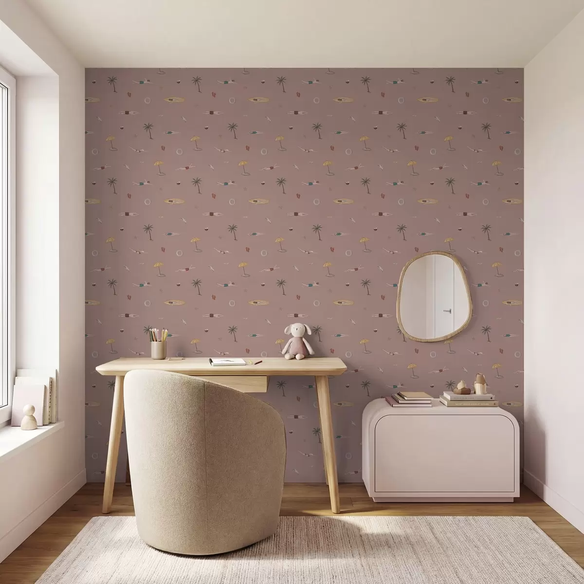Papel pintado Nadadores, palmeras y accesorios de playa sobre un fondo rosa a01276v2