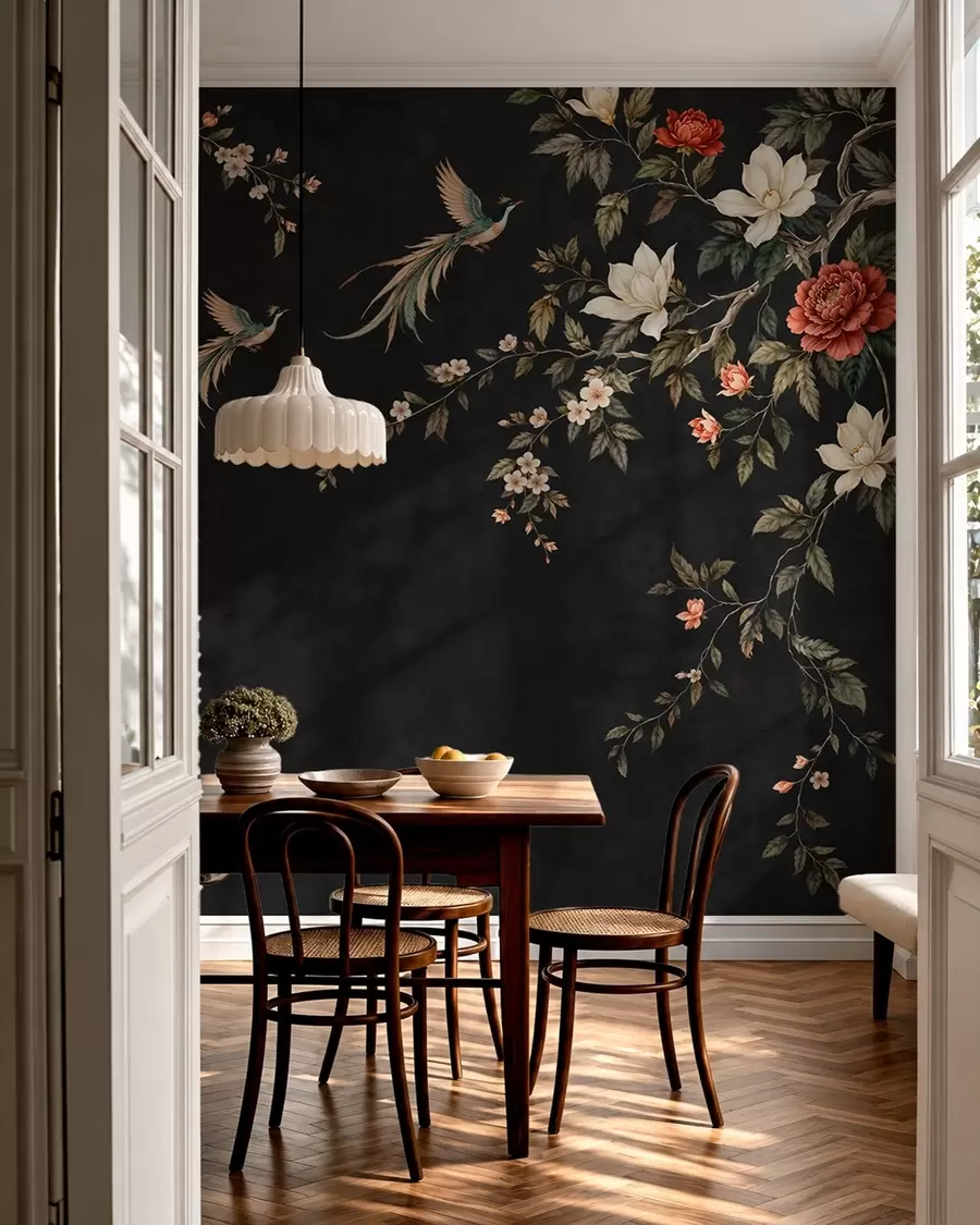 murales de pared Ramas en flor y aves exóticas sobre un fondo oscuro w05955v1