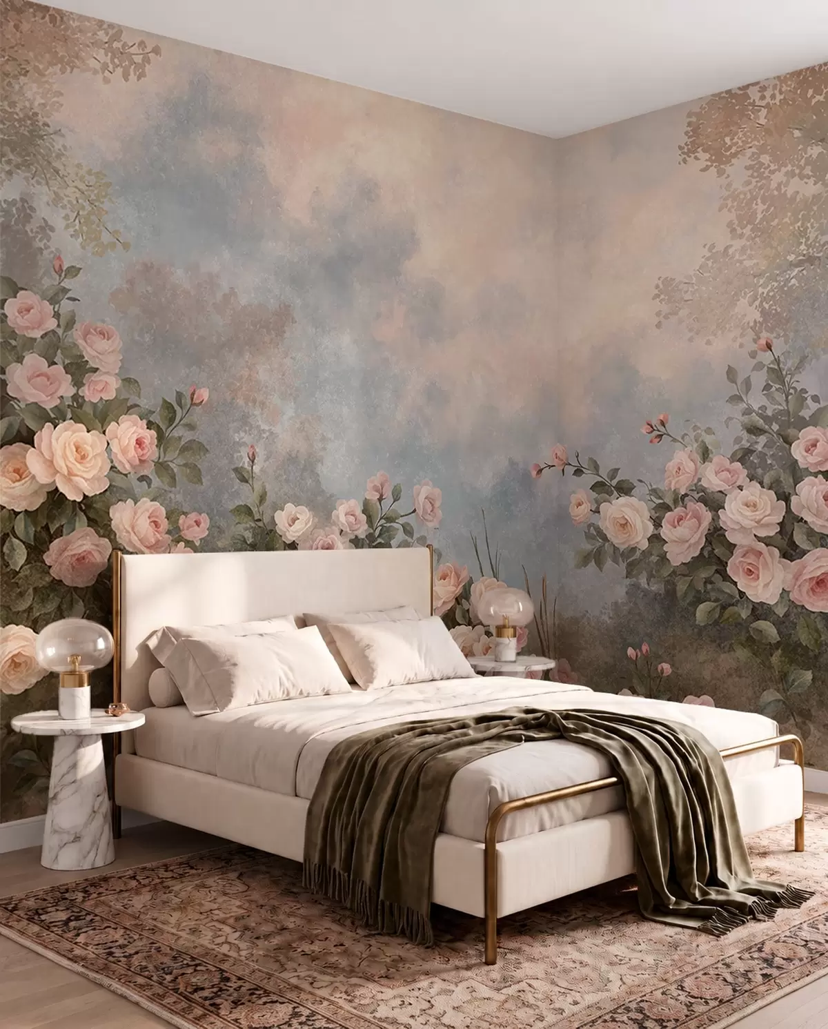 murales de pared Exuberantes rosales de color rosa en un paisaje brumoso w05888