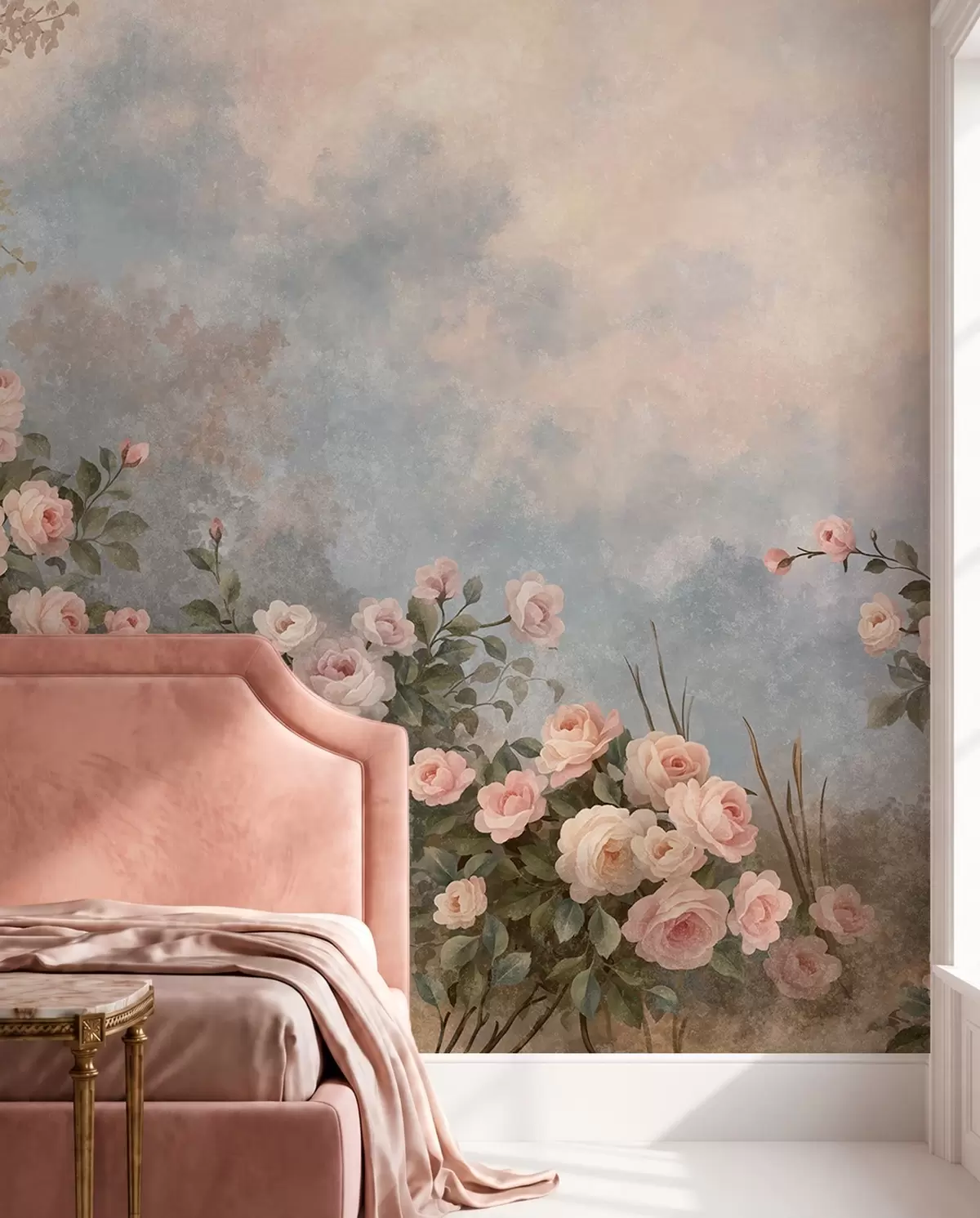 murales de pared Exuberantes rosales de color rosa en un paisaje brumoso w05888