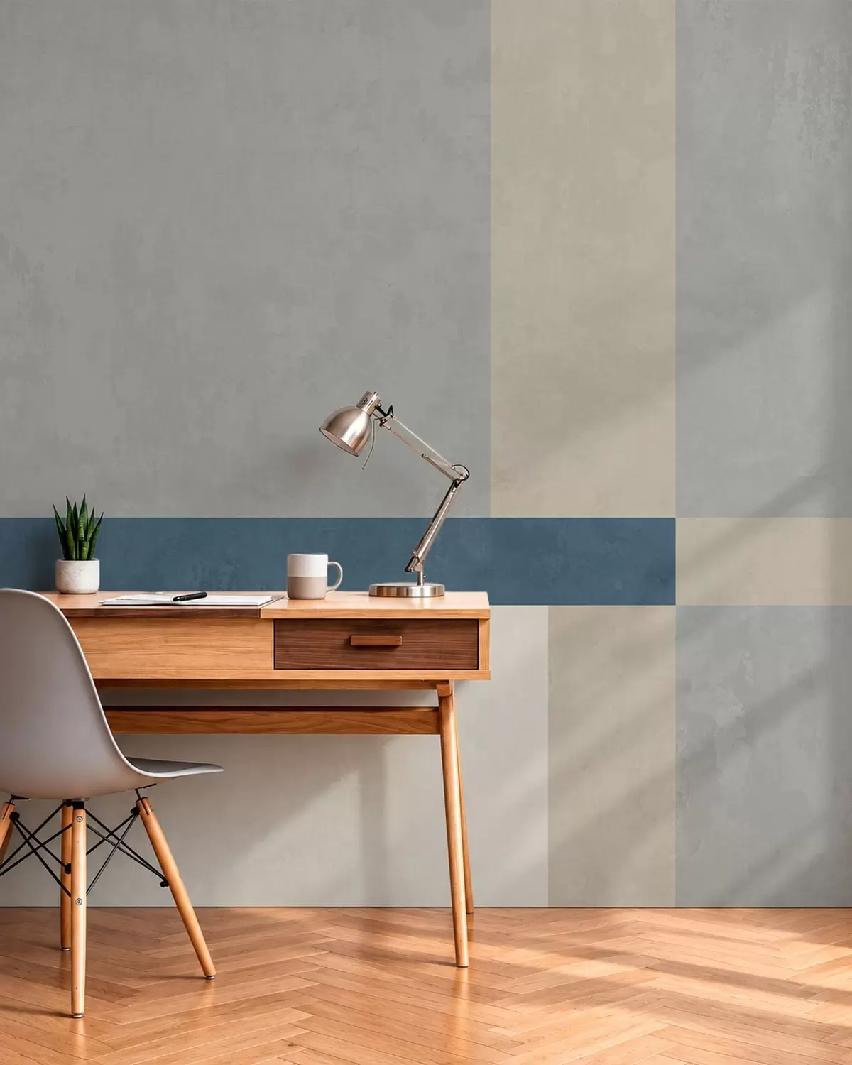 murales de pared Bloques geométricos en tonos grises y beige con una raya azul w05891v1