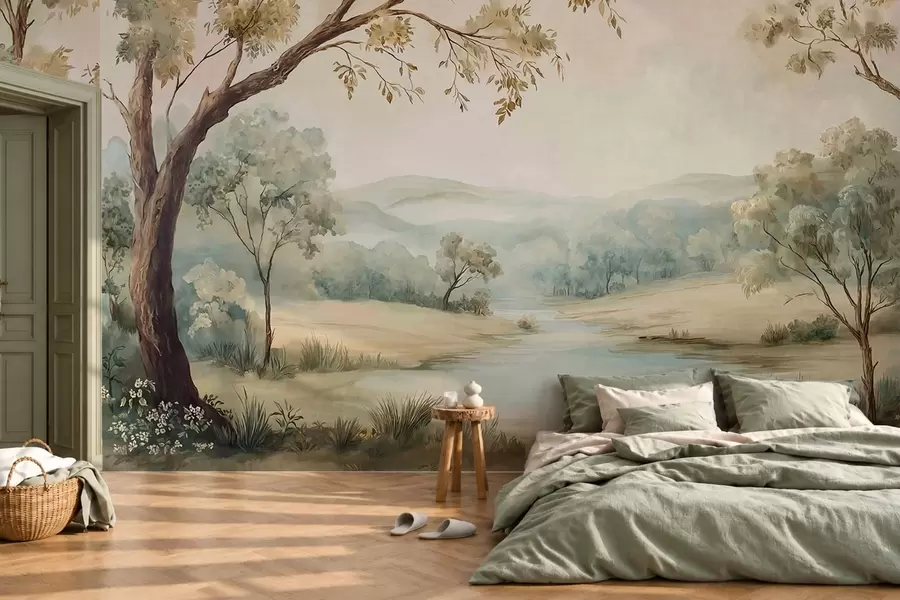 murales de pared Delicado paisaje con árboles, un lago y colinas en la lejanía w05957