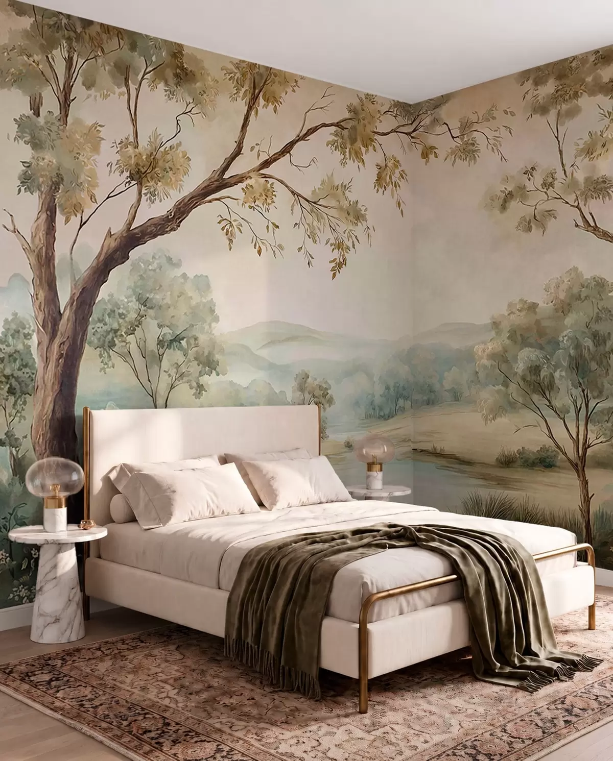 murales de pared Delicado paisaje con árboles, un lago y colinas en la lejanía w05957