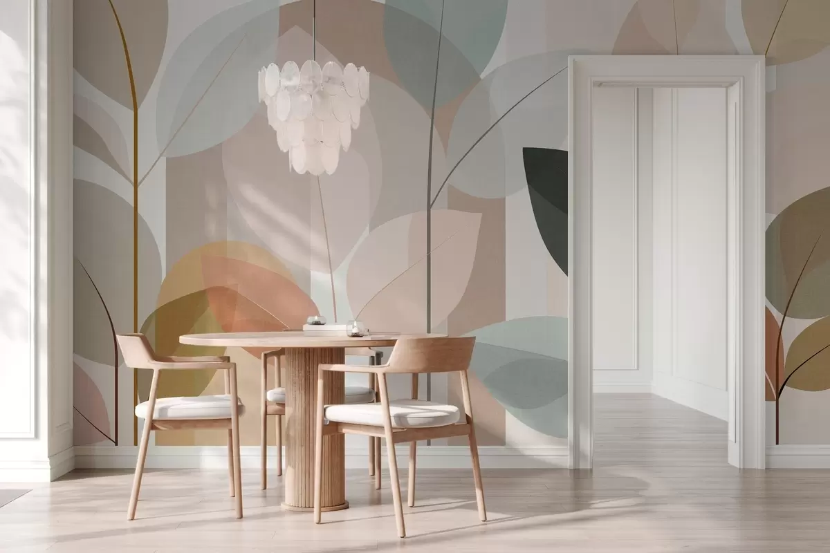 murales de pared un diseño abstracto con motivos de hojas en un estilo de tejido mate, en tonos beige, terracota y melocotón w05986