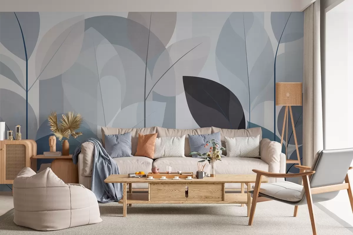 murales de pared un diseño abstracto con hojas en un estilo de tejido mate en tonos azules w05986v2