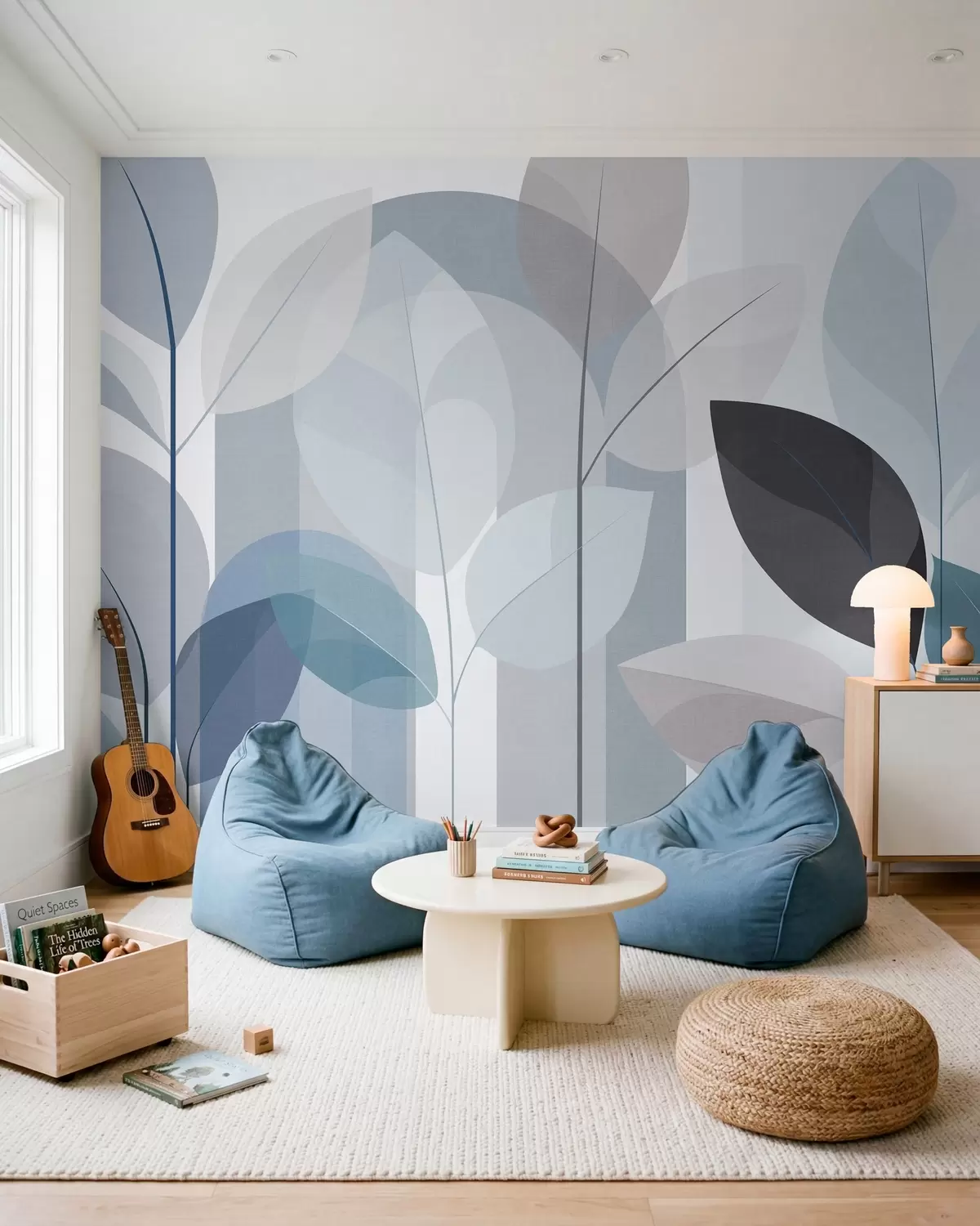 murales de pared un diseño abstracto con hojas en un estilo de tejido mate en tonos azules w05986v2