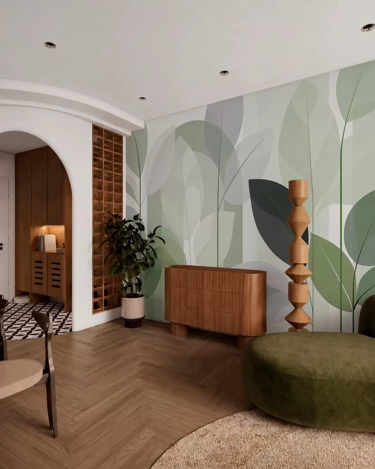 murales de pared un diseño abstracto con hojas en un estilo de tejido mate en tonos verdes w05986v1