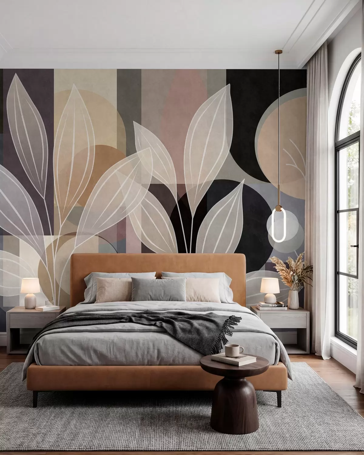 murales de pared hojas estilizadas sobre un fondo geométrico en tonos beige y colores oscuros w05987