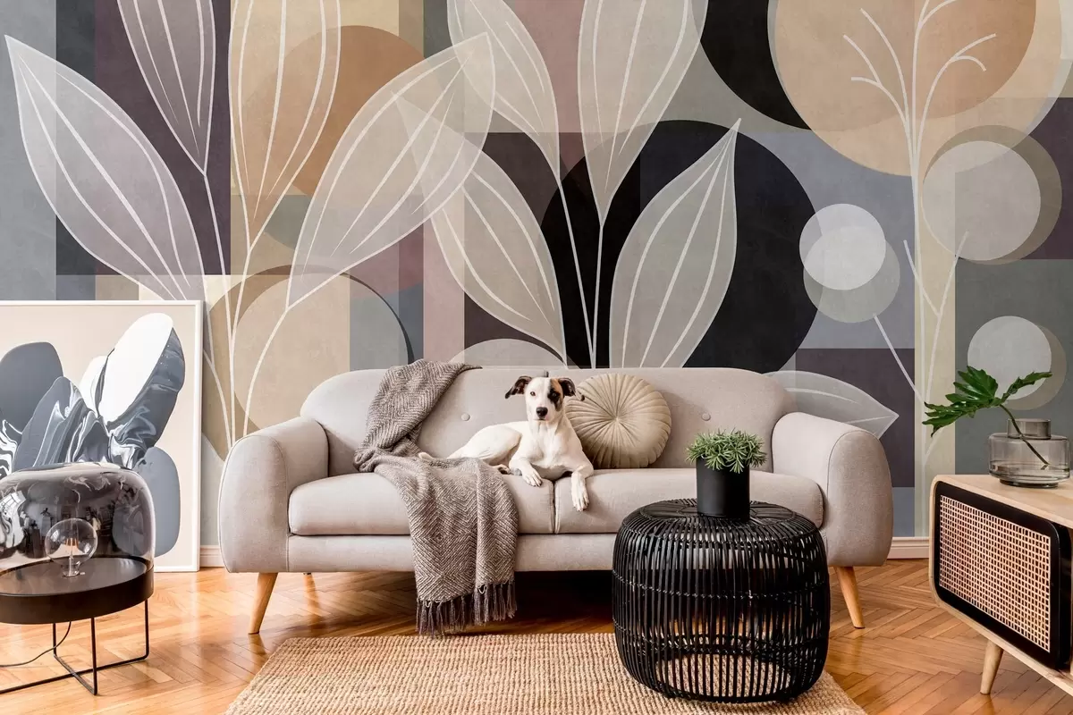 murales de pared hojas estilizadas sobre un fondo geométrico en tonos beige y colores oscuros w05987