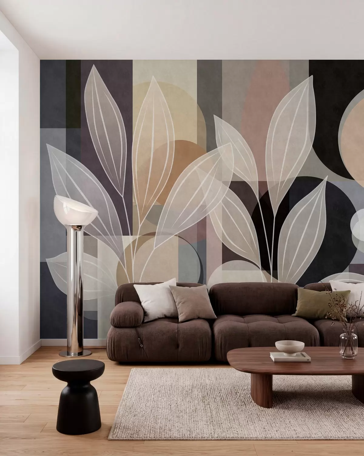 murales de pared hojas estilizadas sobre un fondo geométrico en tonos beige y colores oscuros w05987