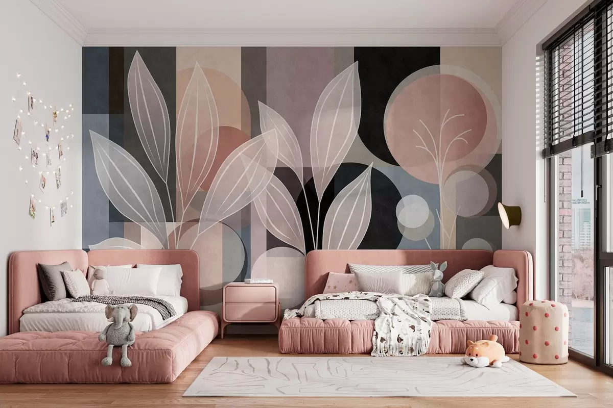 murales de pared folaje estilizado sobre un fondo geométrico en tonos empolvados y oscuros w05987v1