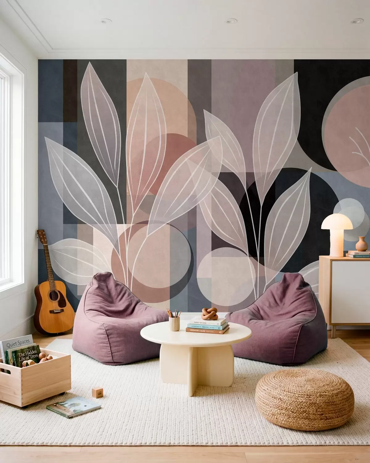 murales de pared folaje estilizado sobre un fondo geométrico en tonos empolvados y oscuros w05987v1