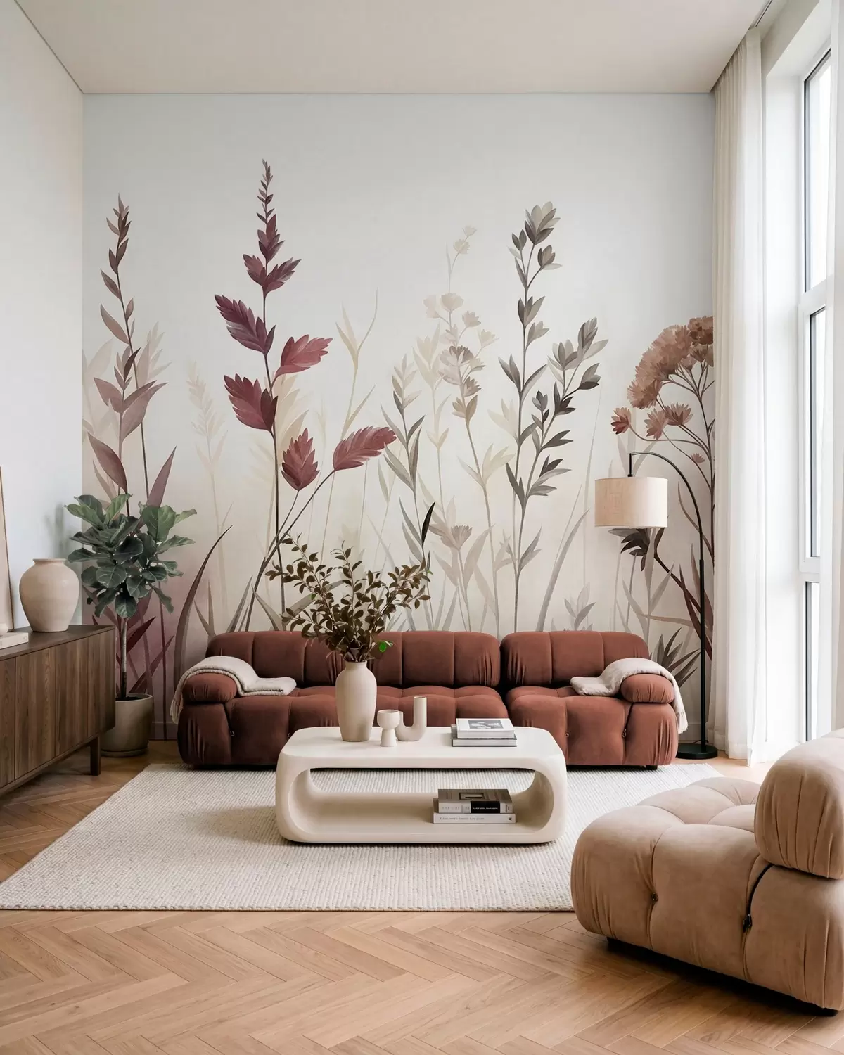 murales de pared Hierbas silvestres altas y flores silvestres en tonos tierra apagados, estética minimalista w10084