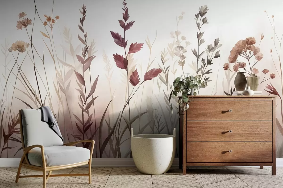murales de pared Hierbas silvestres altas y flores silvestres en tonos tierra apagados, estética minimalista w10084