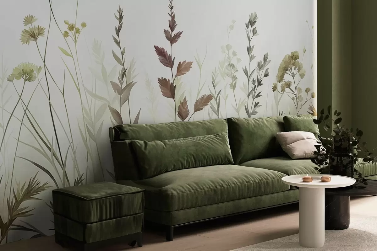 murales de pared Hierbas silvestres altas y flores silvestres en tonos verdes apagados, estética minimalista w10084v1