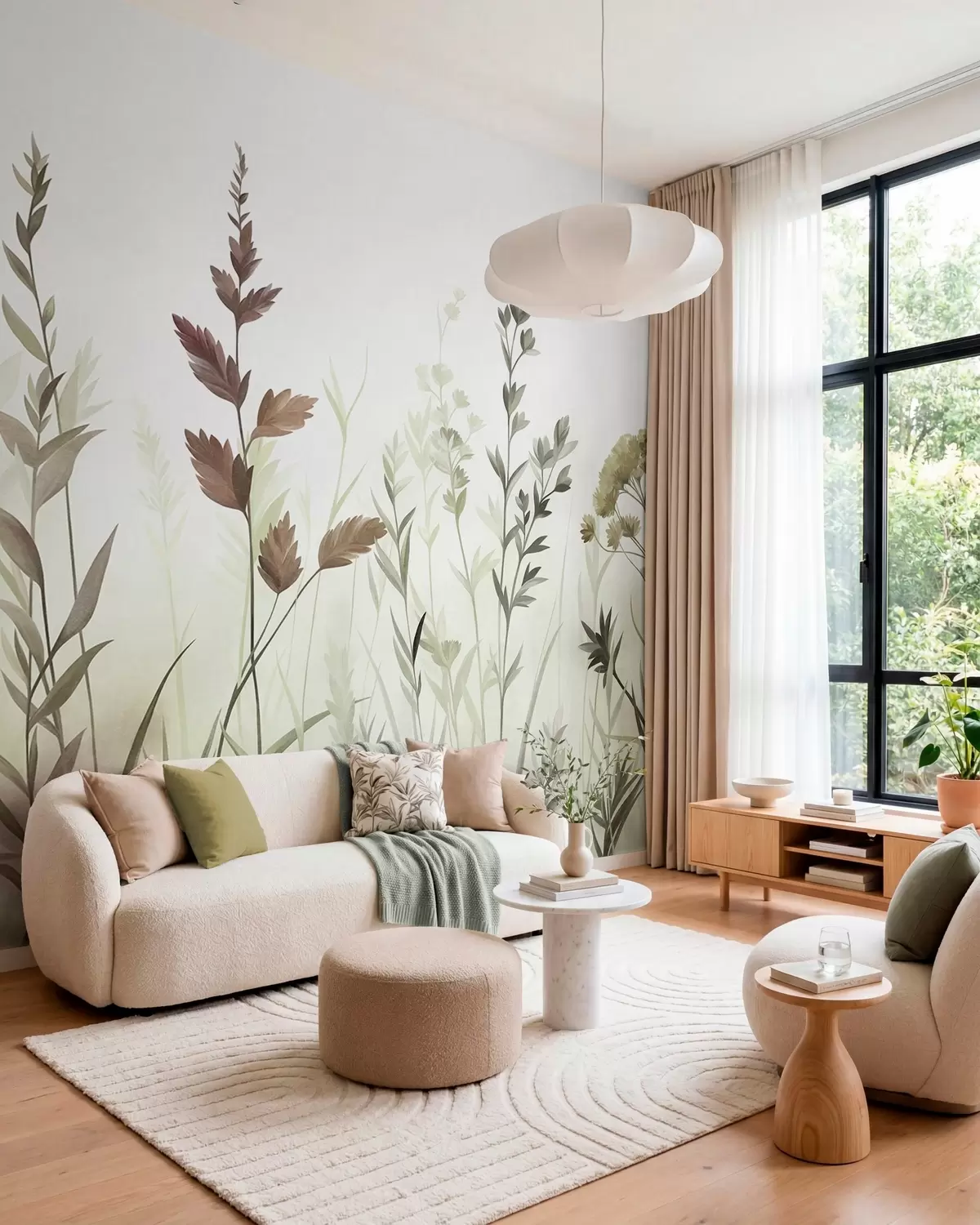 murales de pared Hierbas silvestres altas y flores silvestres en tonos verdes apagados, estética minimalista w10084v1
