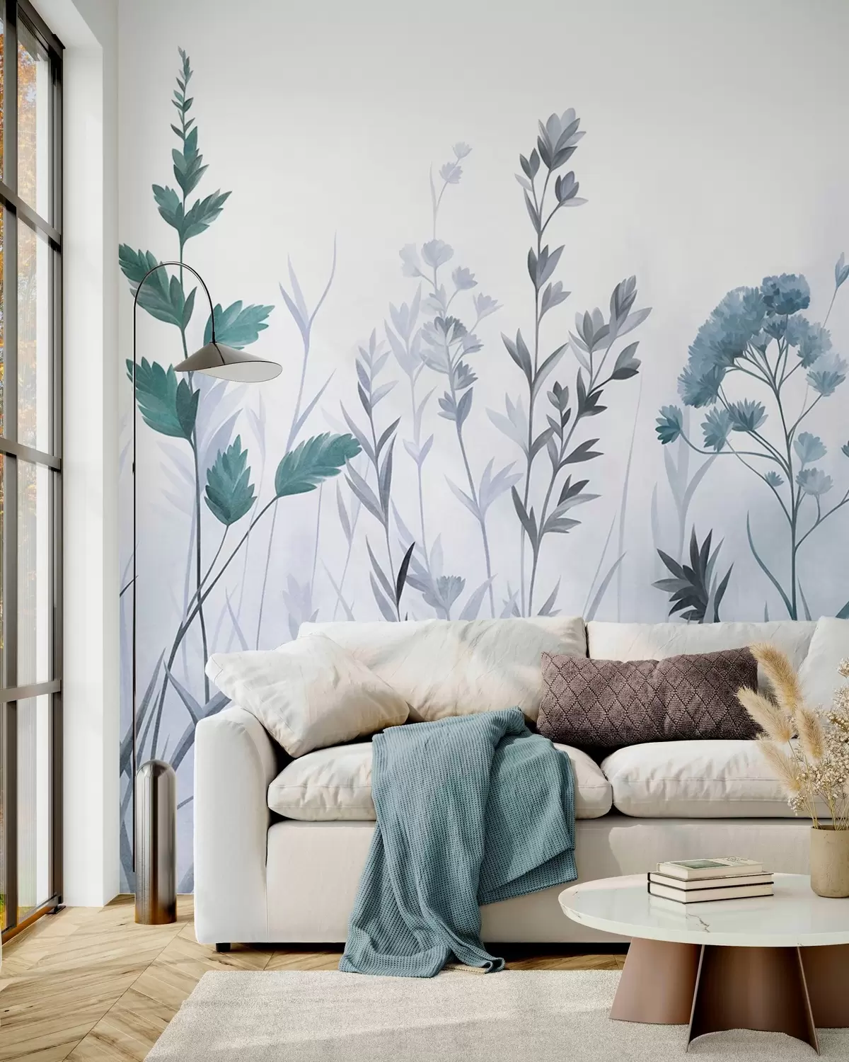 murales de pared Hierbas silvestres altas y flores silvestres en tonos azules apagados, estética minimalista w10084v2
