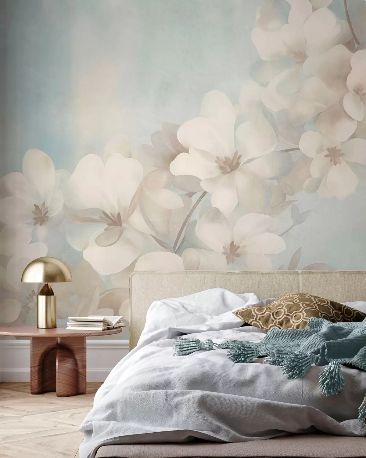 murales de pared Flores blancas en una rama, suaves tonos pastel, fondo azul claro con textura w10107